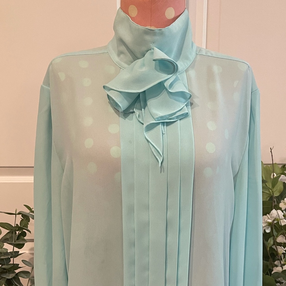 Vintage Top - Aqua blue sheer blouse with detailed collar.
